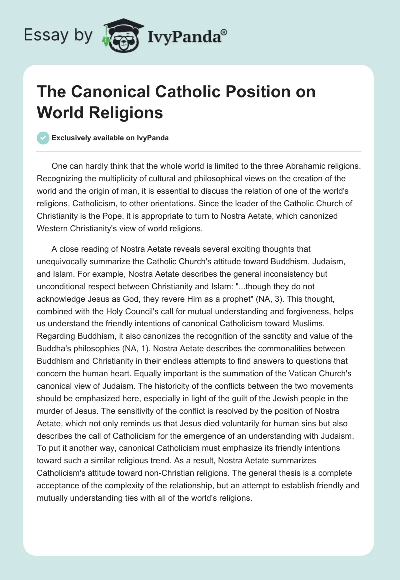 The Canonical Catholic Position on World Religions. Page 1