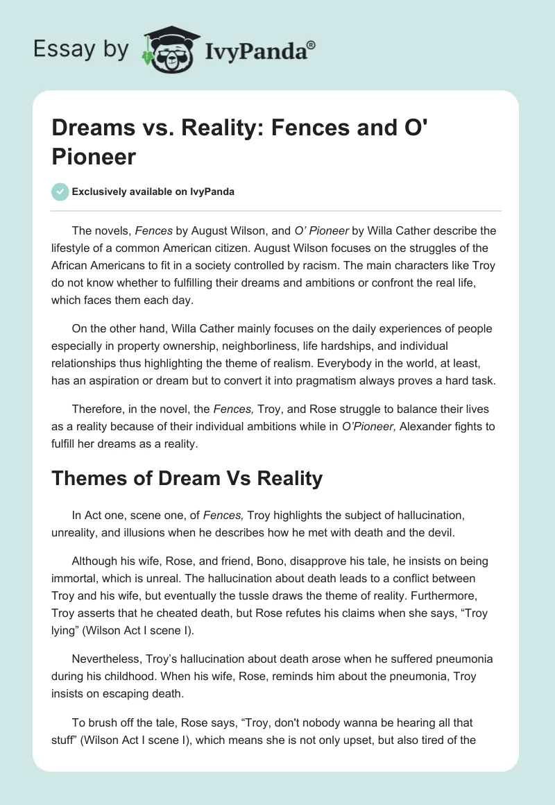 Dreams vs. Reality: "Fences" and "O' Pioneer". Page 1