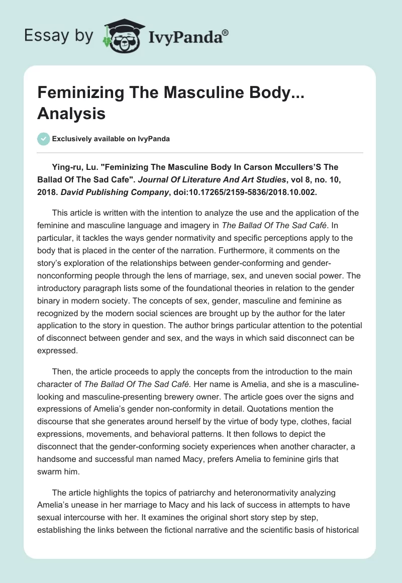 "Feminizing The Masculine Body..." Analysis. Page 1