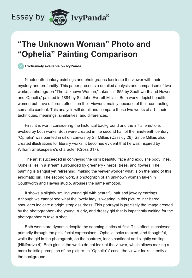 “The Unknown Woman” Photo and “Ophelia” Painting Comparison. Page 1