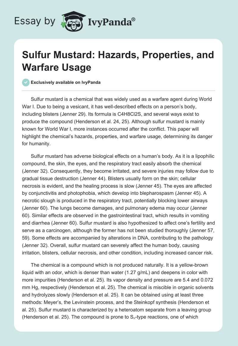 Sulfur Mustard: Hazards, Properties, and Warfare Usage. Page 1
