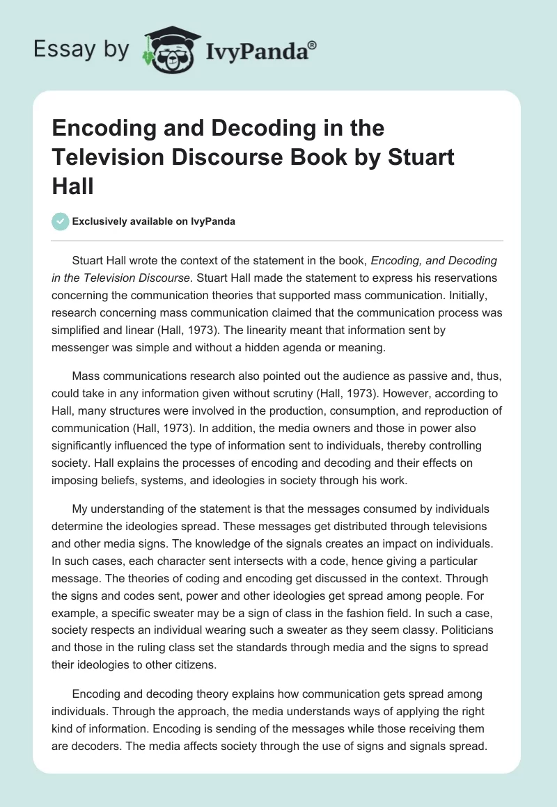"Encoding and Decoding in the Television Discourse" Book by Stuart Hall. Page 1