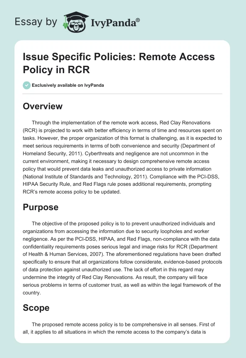 Issue Specific Policies: Remote Access Policy in RCR. Page 1