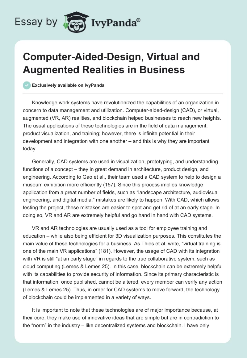 Computer-Aided-Design, Virtual and Augmented Realities in Business. Page 1