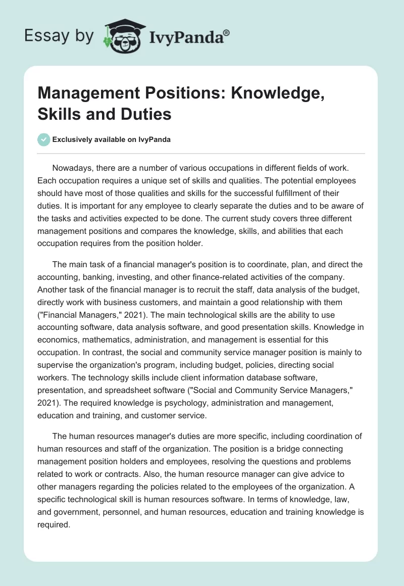Management Positions: Knowledge, Skills and Duties. Page 1