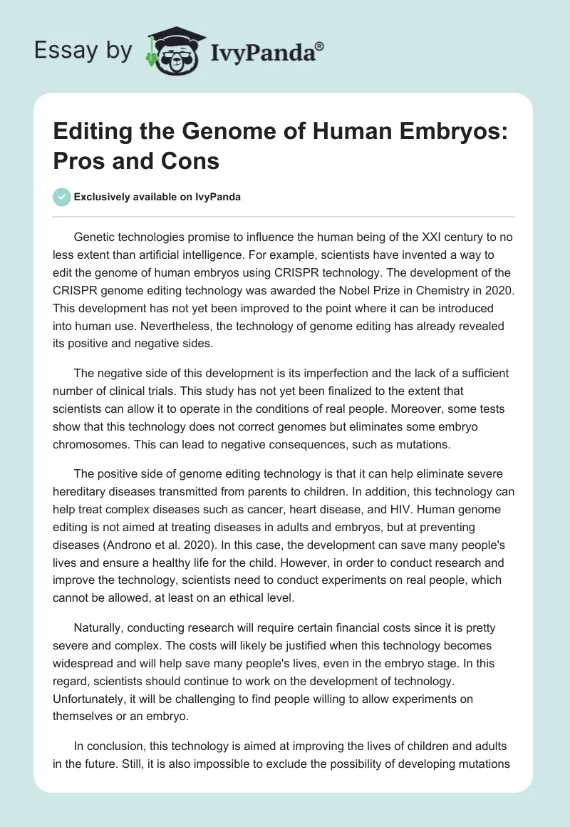 Editing the Genome of Human Embryos: Pros and Cons. Page 1