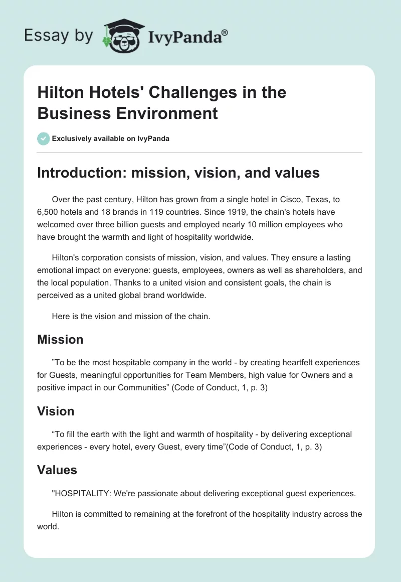 Hilton Hotels' Challenges in the Business Environment. Page 1