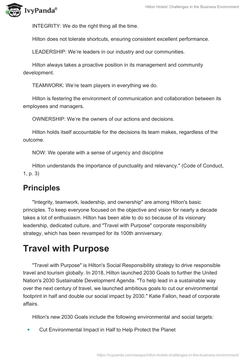 Hilton Hotels' Challenges in the Business Environment. Page 2