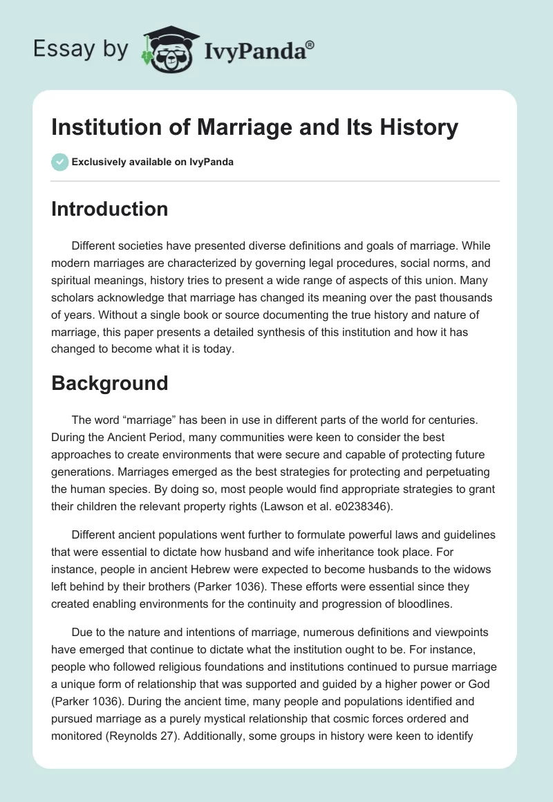 Institution of Marriage and Its History. Page 1