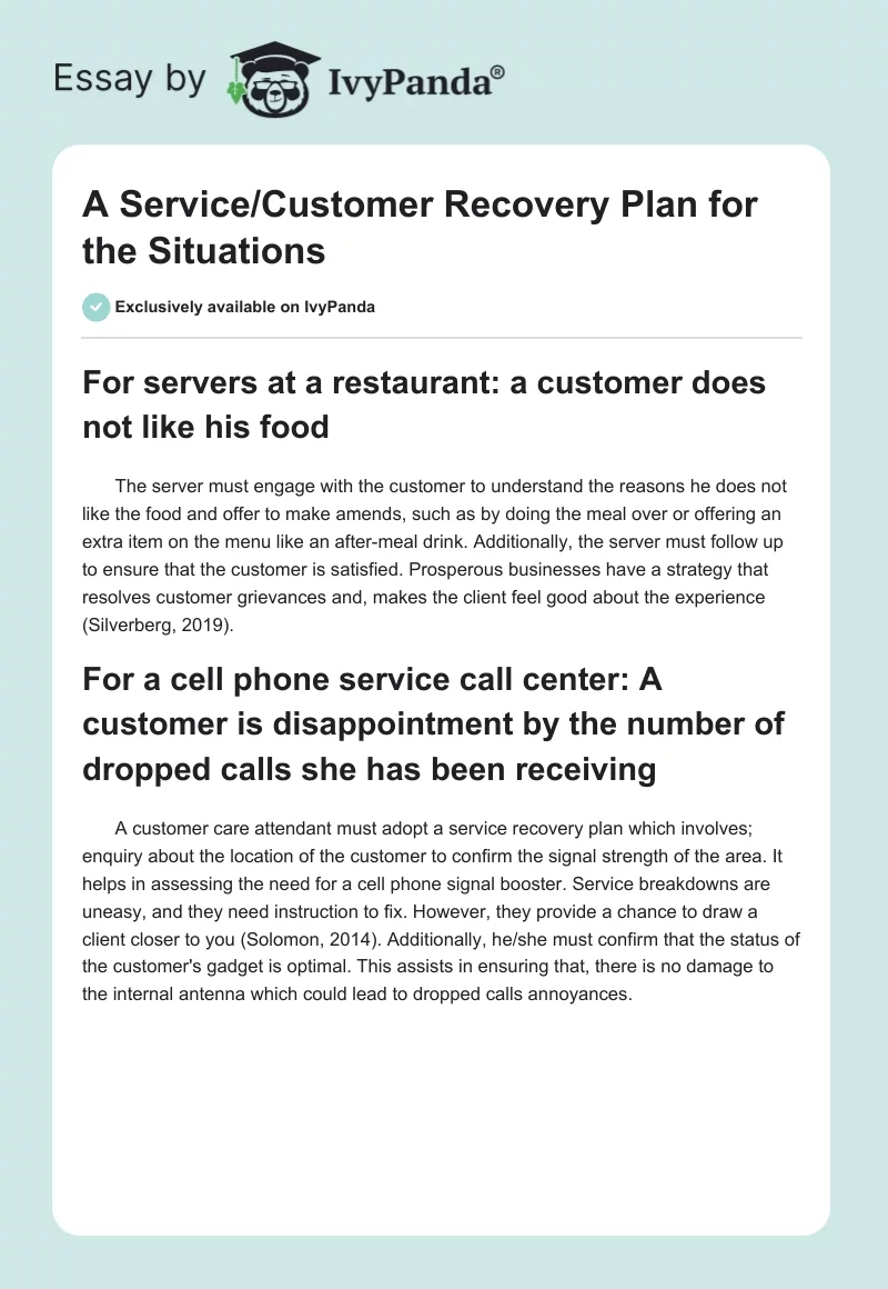 A Service/Customer Recovery Plan for the Situations. Page 1