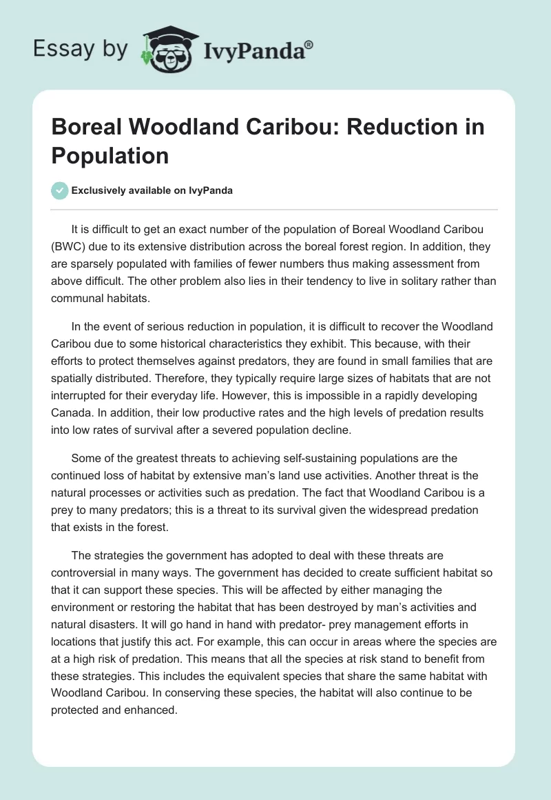 Boreal Woodland Caribou: Reduction in Population. Page 1