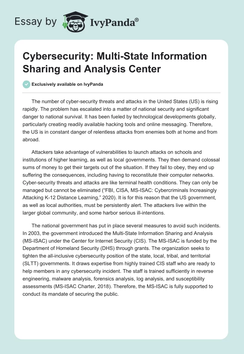 Cybersecurity: Multi-State Information Sharing and Analysis Center. Page 1