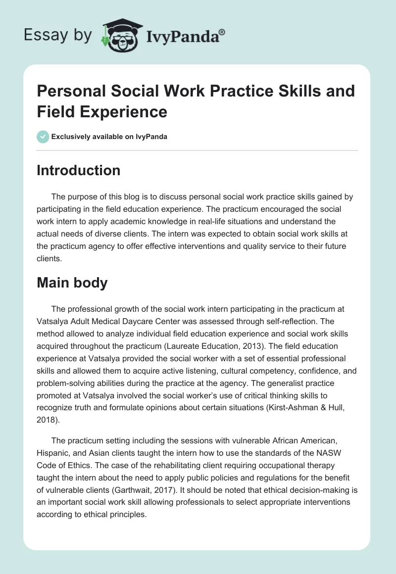 Personal Social Work Practice Skills and Field Experience. Page 1