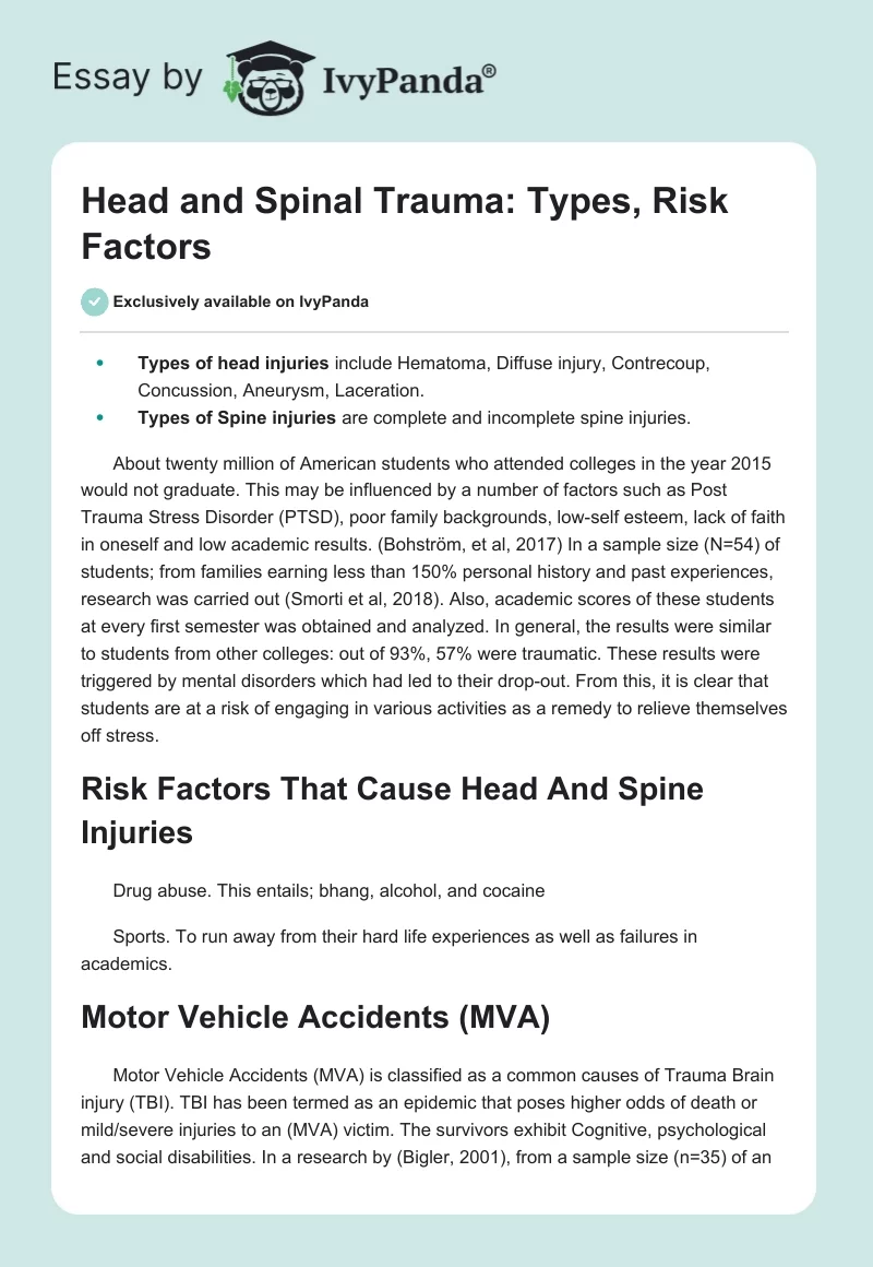 Head and Spinal Trauma: Types, Risk Factors. Page 1