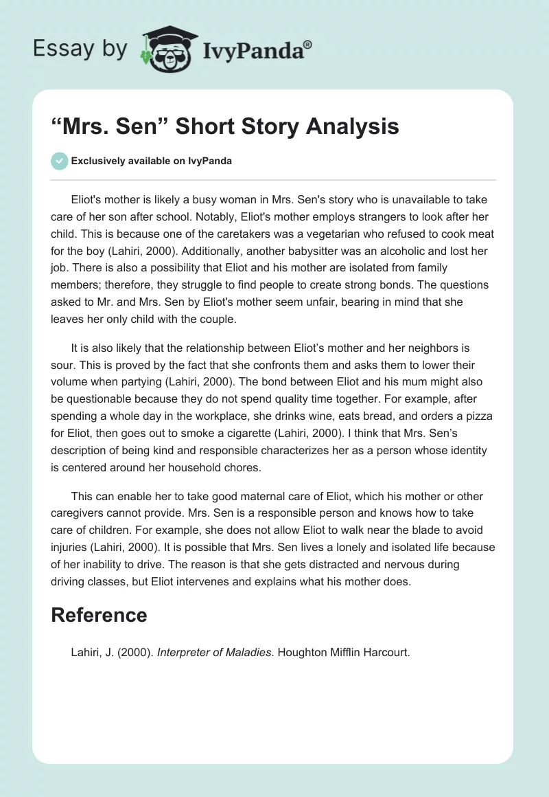 “Mrs. Sen” Short Story Analysis. Page 1