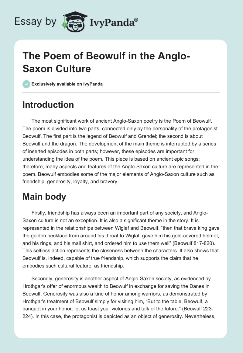 "The Poem of Beowulf" in the Anglo-Saxon Culture. Page 1