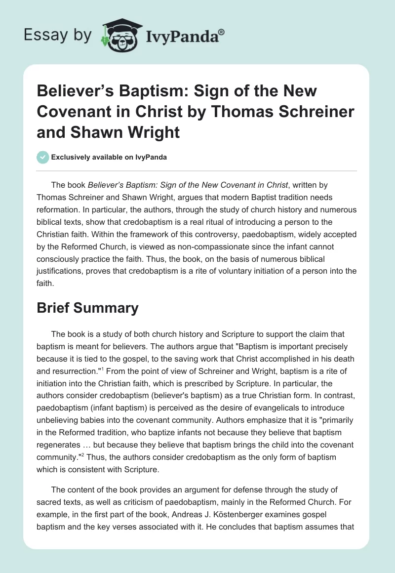 Believer’s Baptism: Sign of the New Covenant in Christ by Thomas Schreiner and Shawn Wright. Page 1