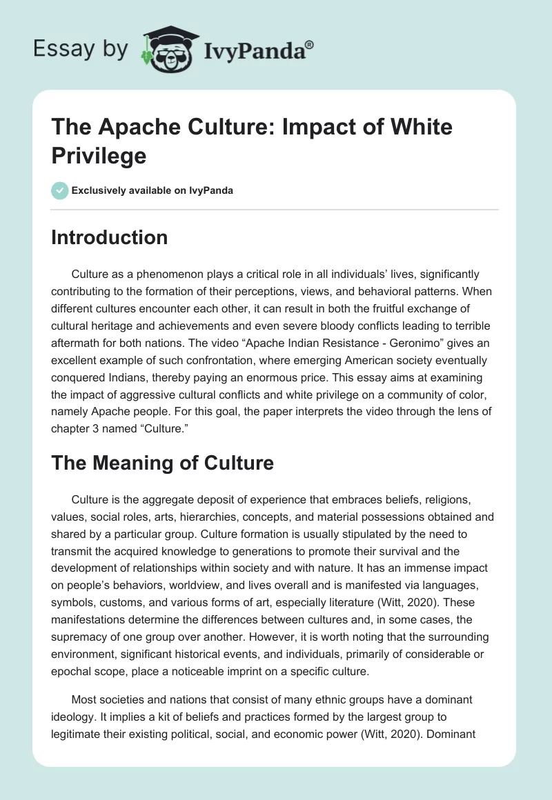 The Apache Culture: Impact of White Privilege. Page 1