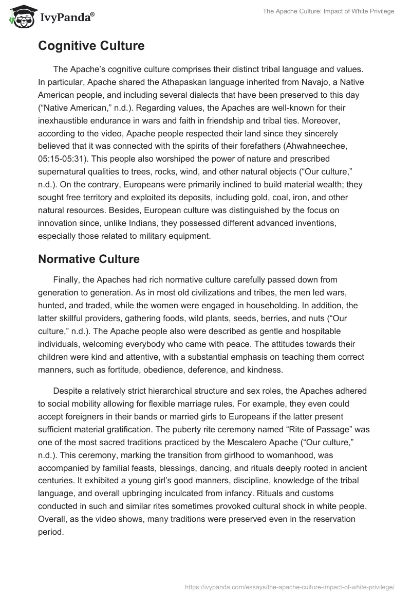 The Apache Culture: Impact of White Privilege. Page 3