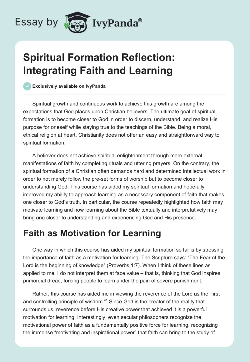 Spiritual Formation Reflection: Integrating Faith and Learning. Page 1