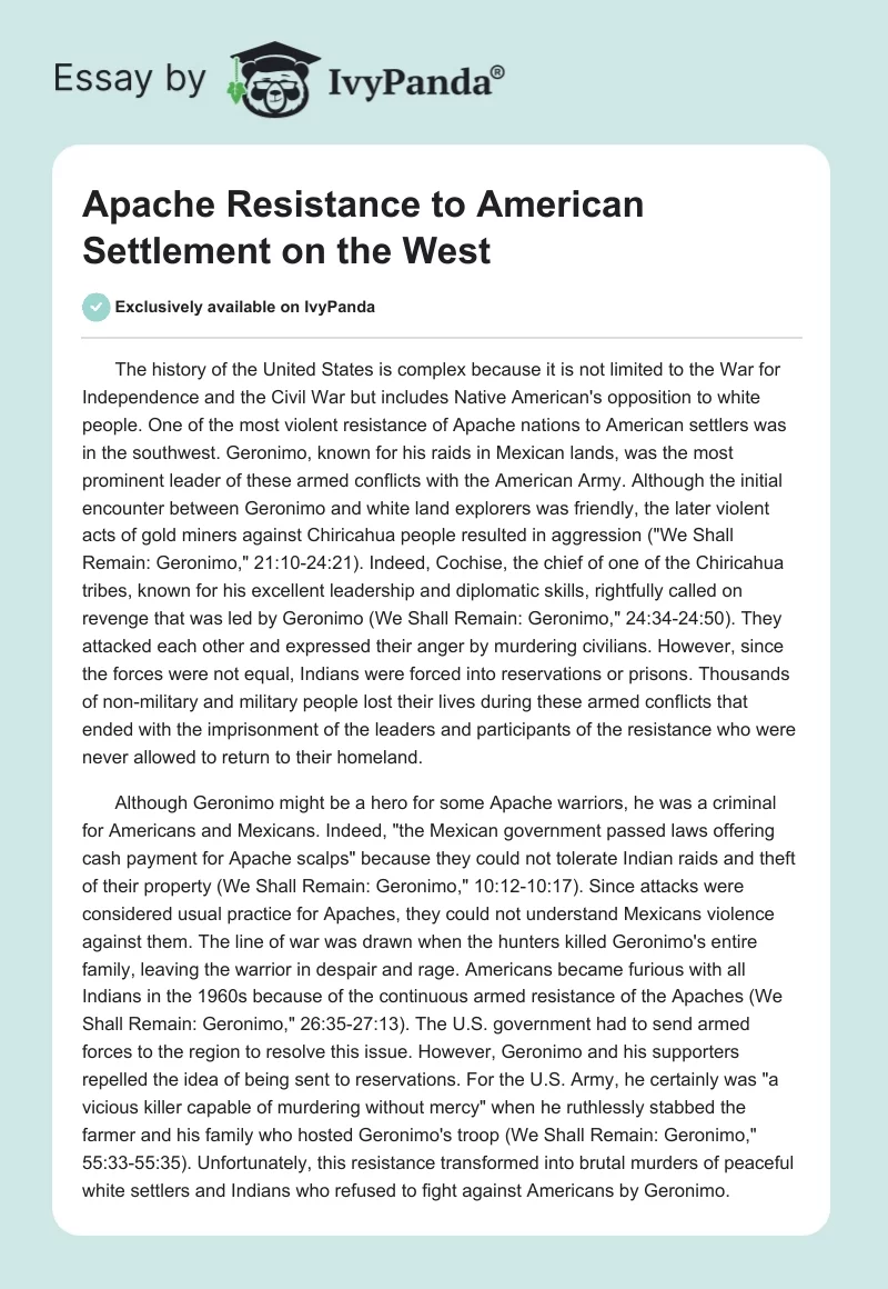 Apache Resistance to American Settlement on the West. Page 1