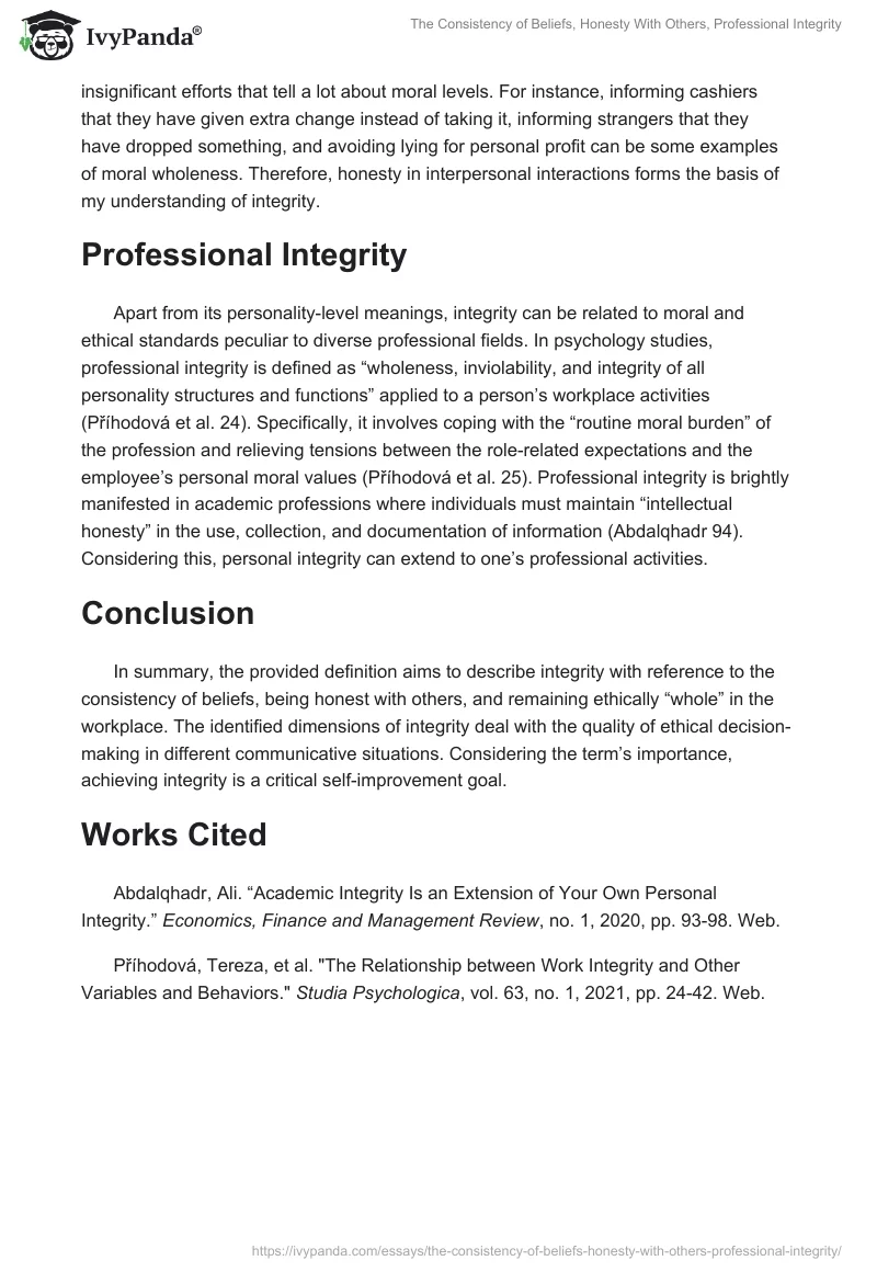 The Consistency of Beliefs, Honesty With Others, Professional Integrity. Page 2