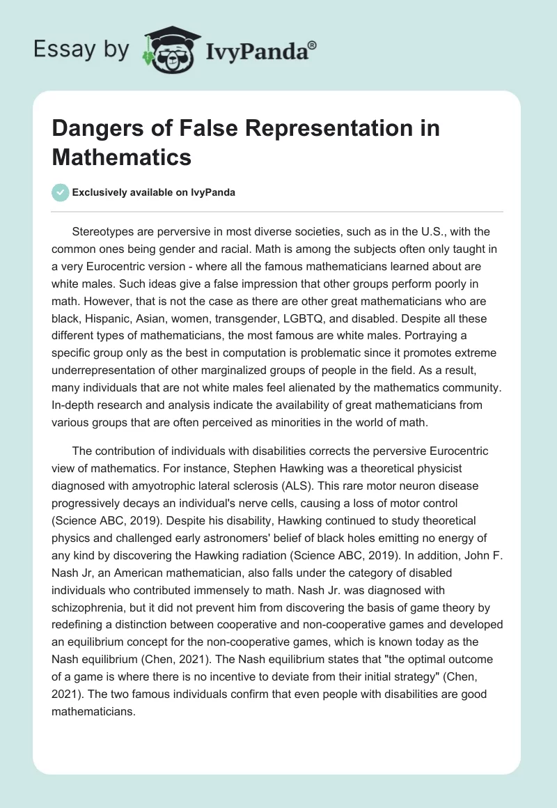 Dangers of False Representation in Mathematics. Page 1