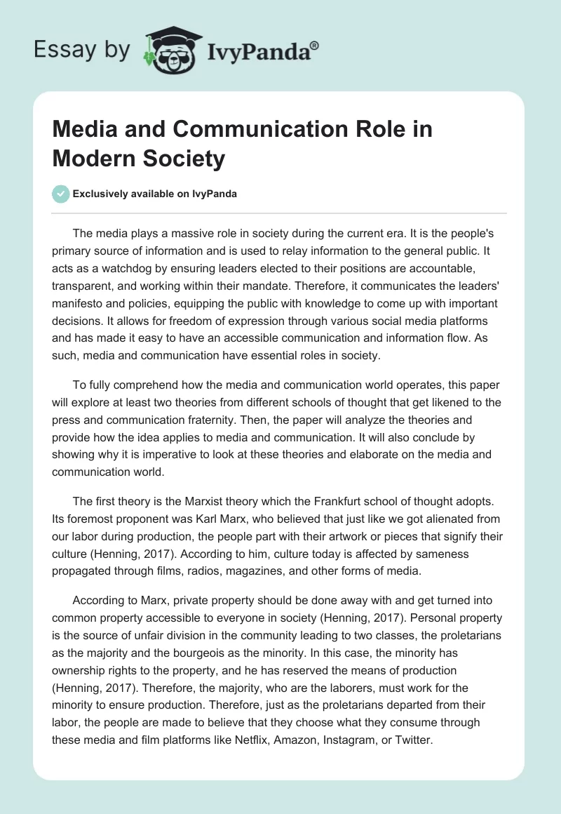 Media and Communication Role in Modern Society. Page 1