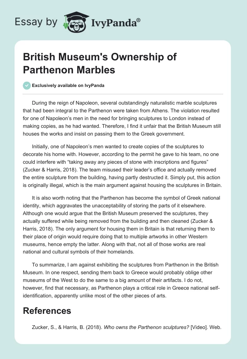 British Museum's Ownership of Parthenon Marbles. Page 1