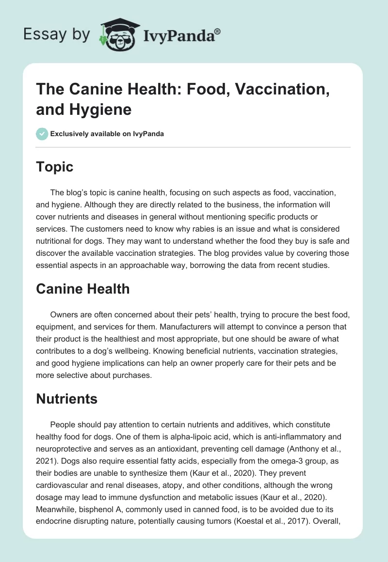 The Canine Health: Food, Vaccination, and Hygiene. Page 1