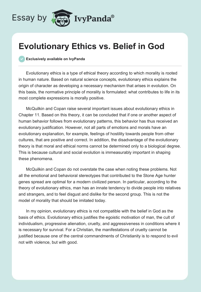 Evolutionary Ethics vs. Belief in God. Page 1
