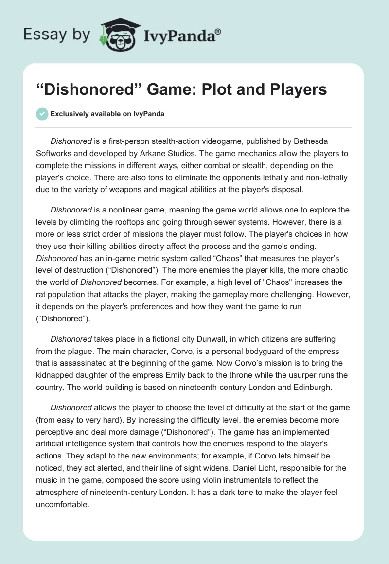 “Dishonored” Game: Plot and Players. Page 1