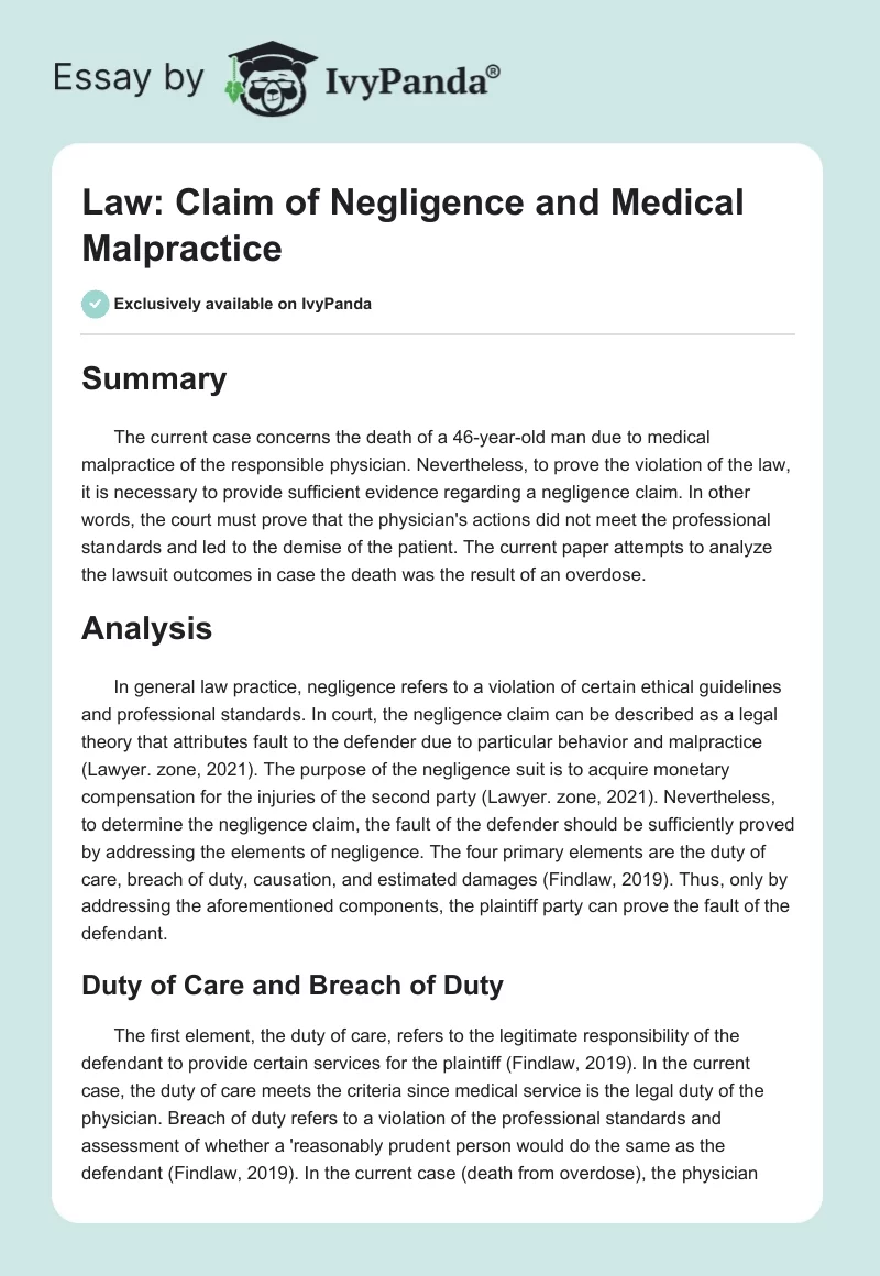 Law: Claim of Negligence and Medical Malpractice. Page 1