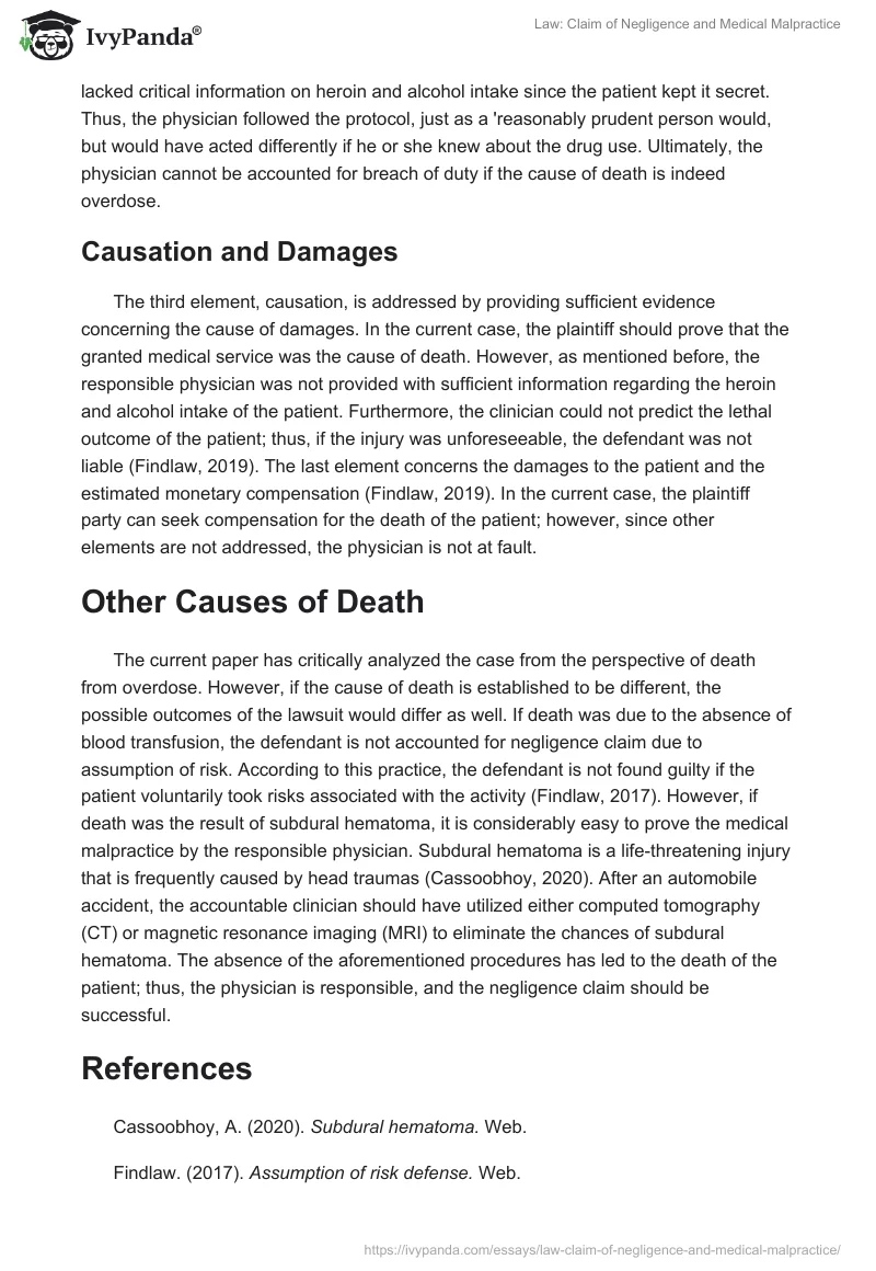 Law: Claim of Negligence and Medical Malpractice. Page 2