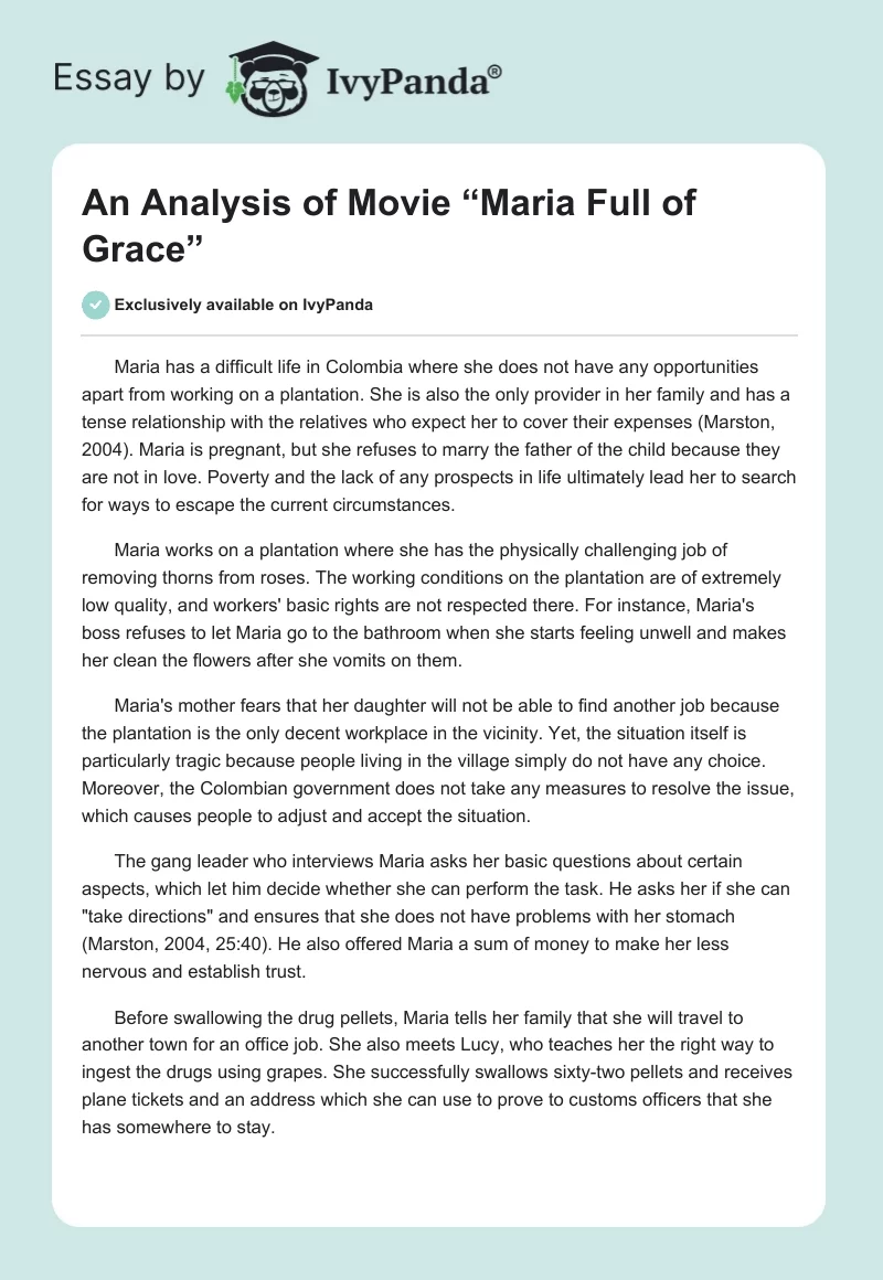 An Analysis of Movie “Maria Full of Grace”. Page 1