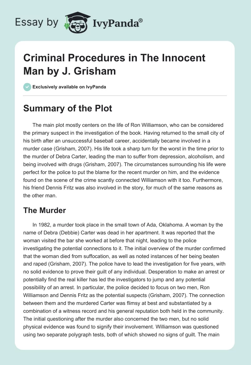 Criminal Procedures in The Innocent Man by J. Grisham. Page 1