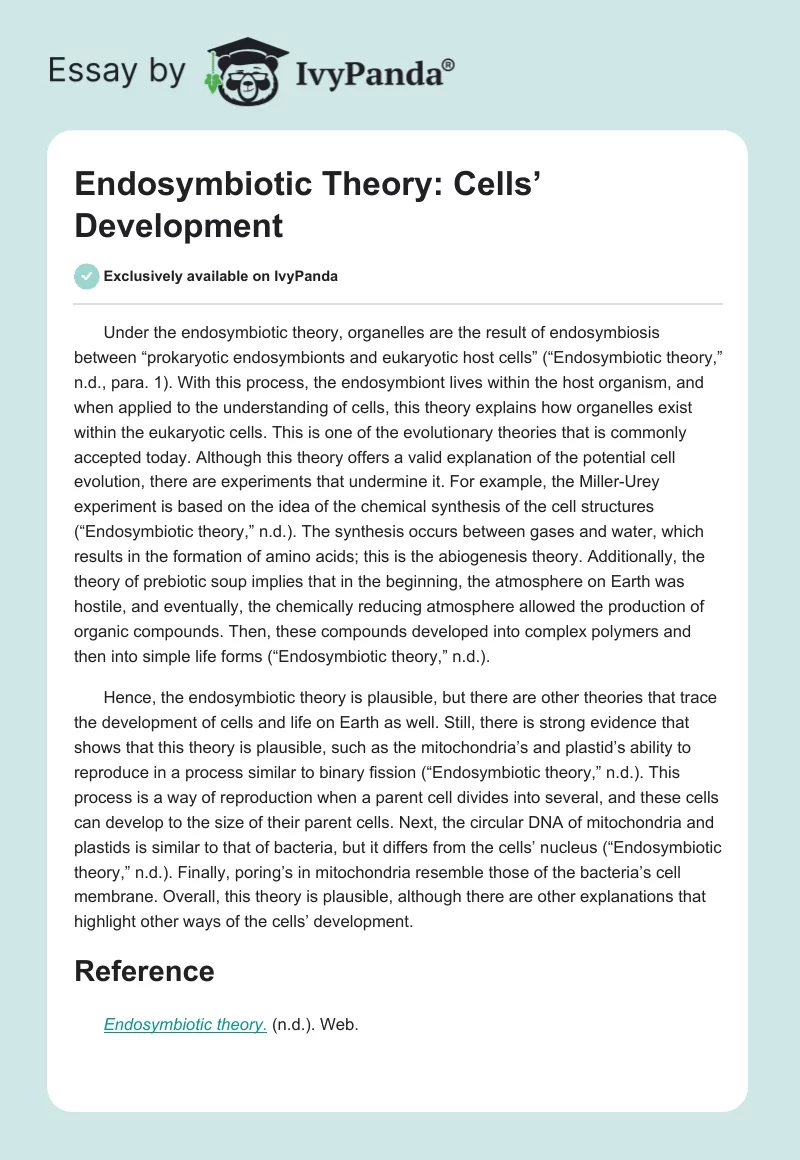 Endosymbiotic Theory: Cells’ Development. Page 1