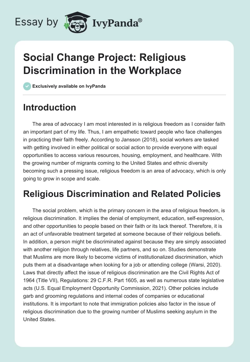 Social Change Project: Religious Discrimination in the Workplace. Page 1