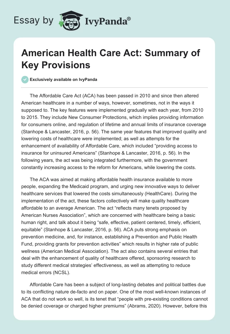 American Health Care Act: Summary of Key Provisions. Page 1