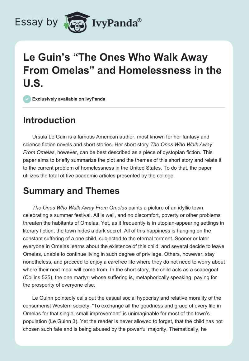 Le Guin’s “The Ones Who Walk Away From Omelas” and Homelessness in the U.S.. Page 1