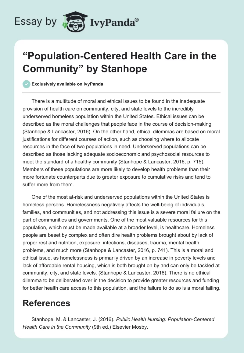 “Population-Centered Health Care in the Community” by Stanhope. Page 1