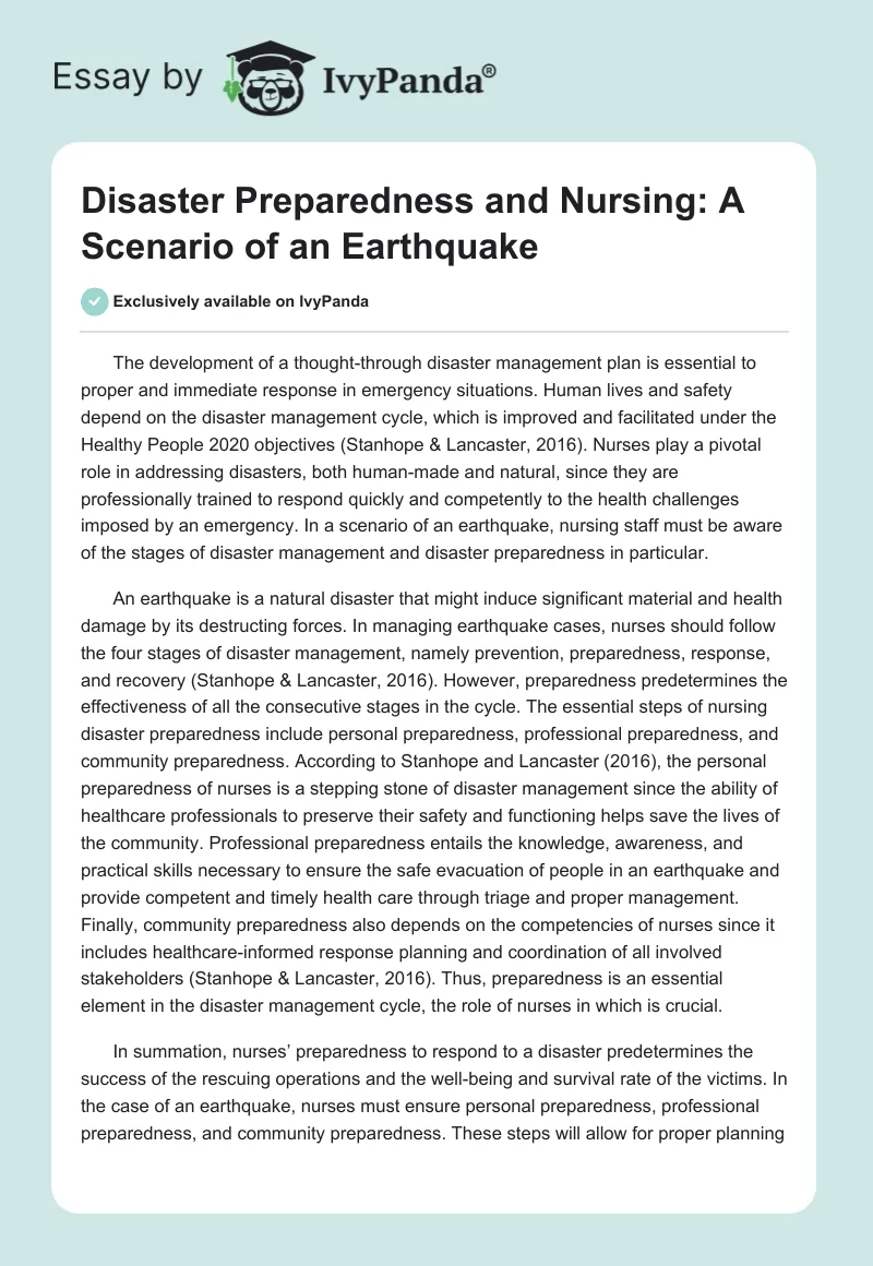 Disaster Preparedness and Nursing: A Scenario of an Earthquake. Page 1