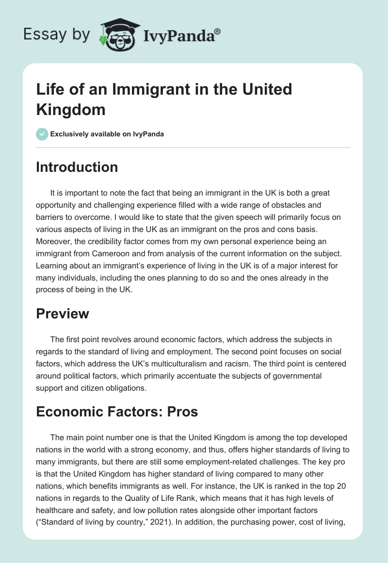 Life of an Immigrant in the United Kingdom. Page 1