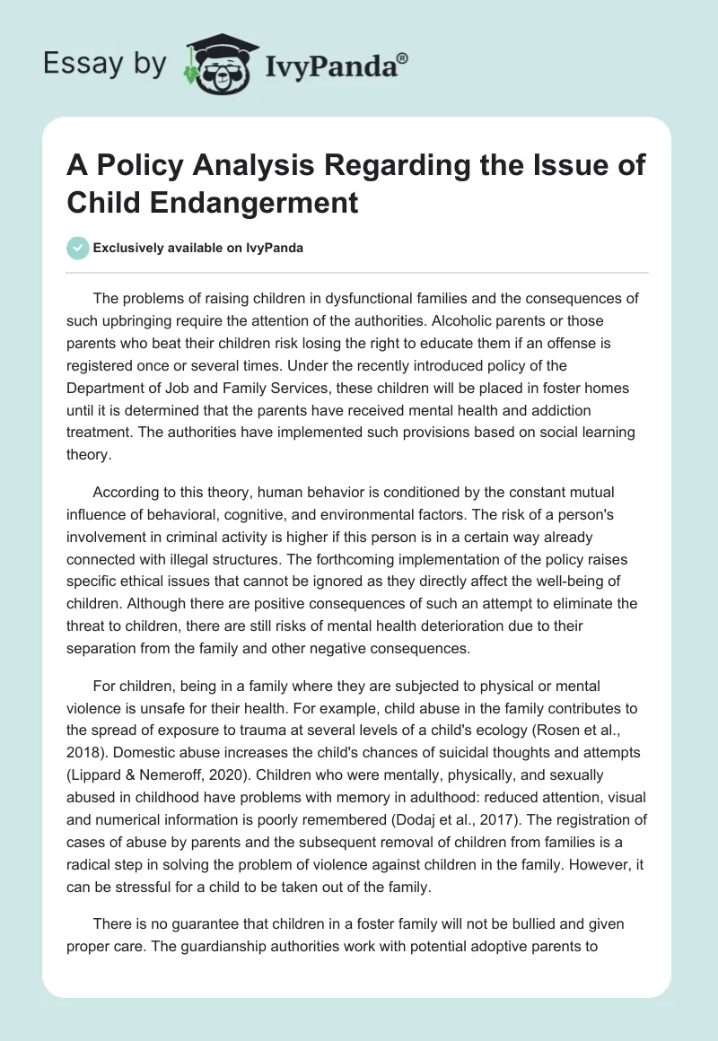 A Policy Analysis Regarding the Issue of Child Endangerment. Page 1