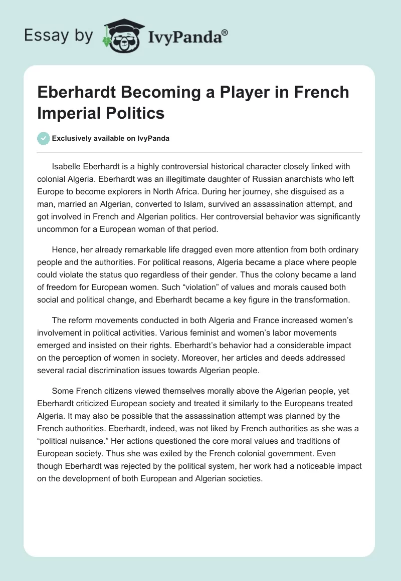 Eberhardt Becoming a Player in French Imperial Politics. Page 1