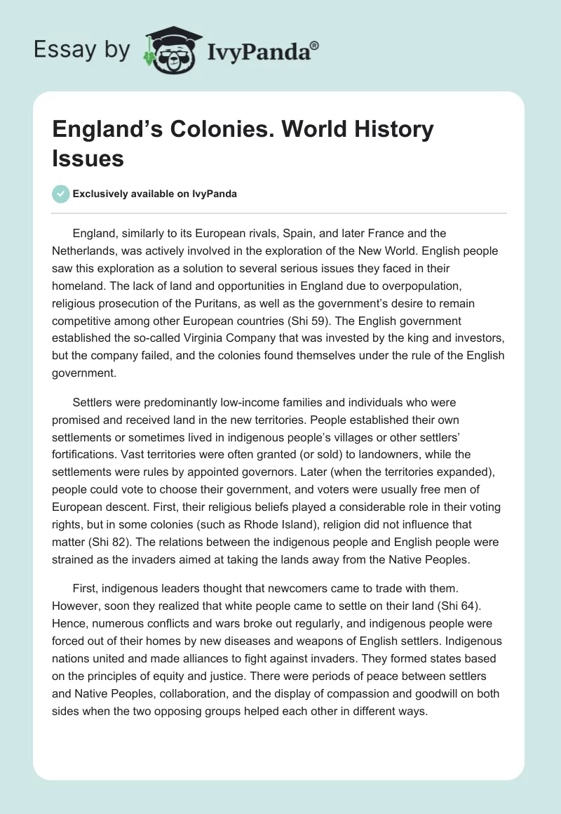 England’s Colonies. World History Issues. Page 1