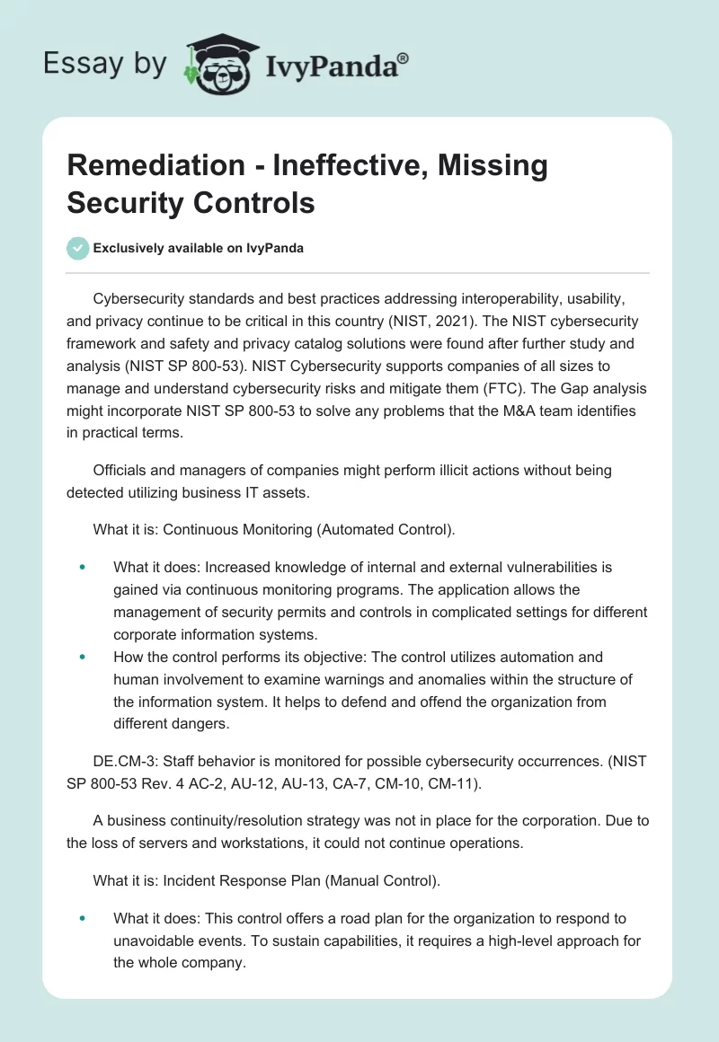 Remediation - Ineffective, Missing Security Controls. Page 1