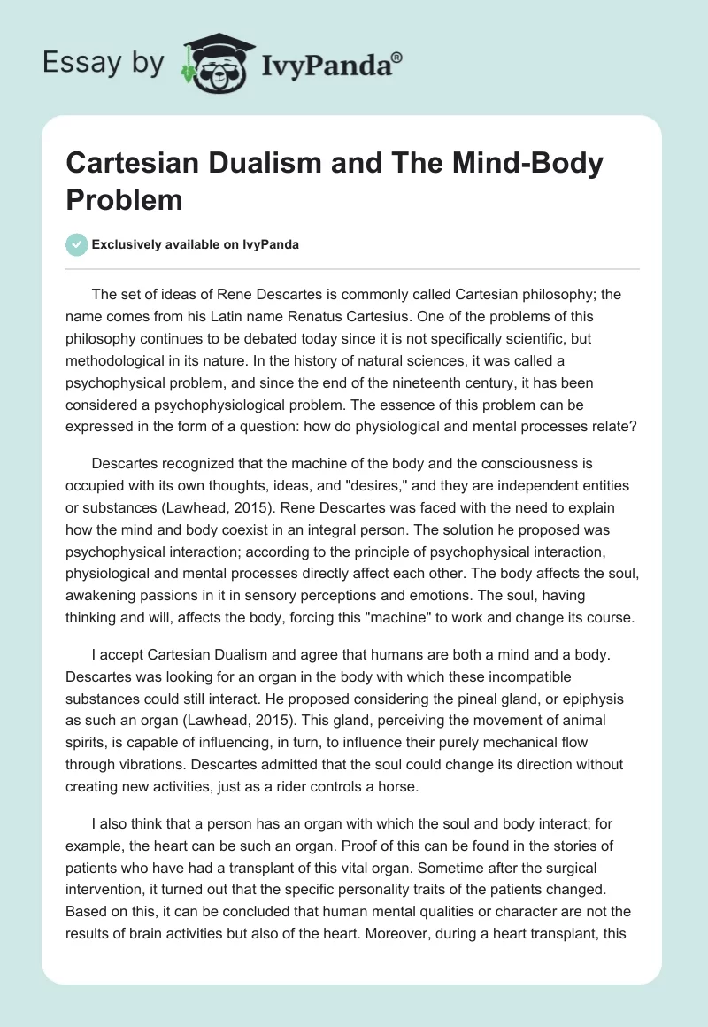 Cartesian Dualism and The Mind-Body Problem. Page 1
