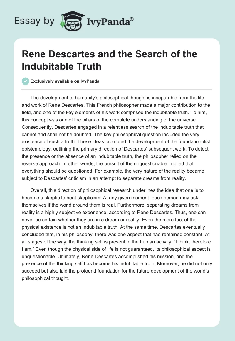 Rene Descartes and the Search of the Indubitable Truth. Page 1