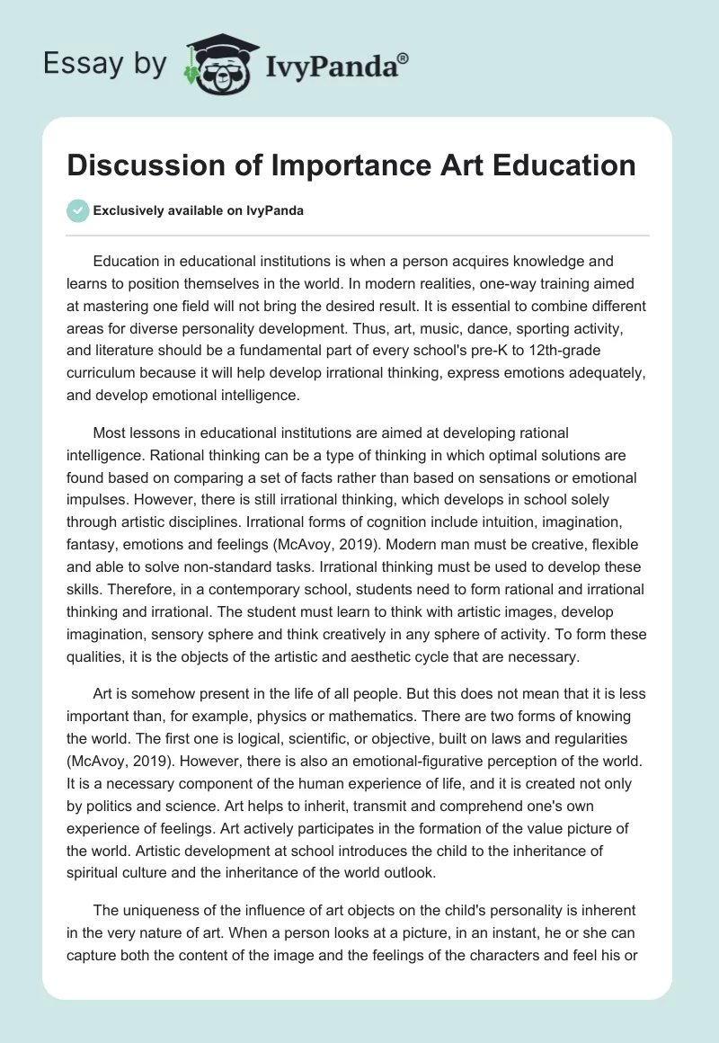 Discussion of Importance Art Education. Page 1